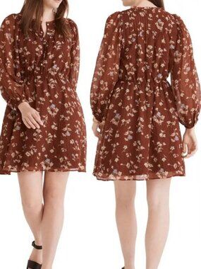 NWT Madewell Norma Rae Floral Printed Long Sleeve Copper Brown Dress Women's 1X